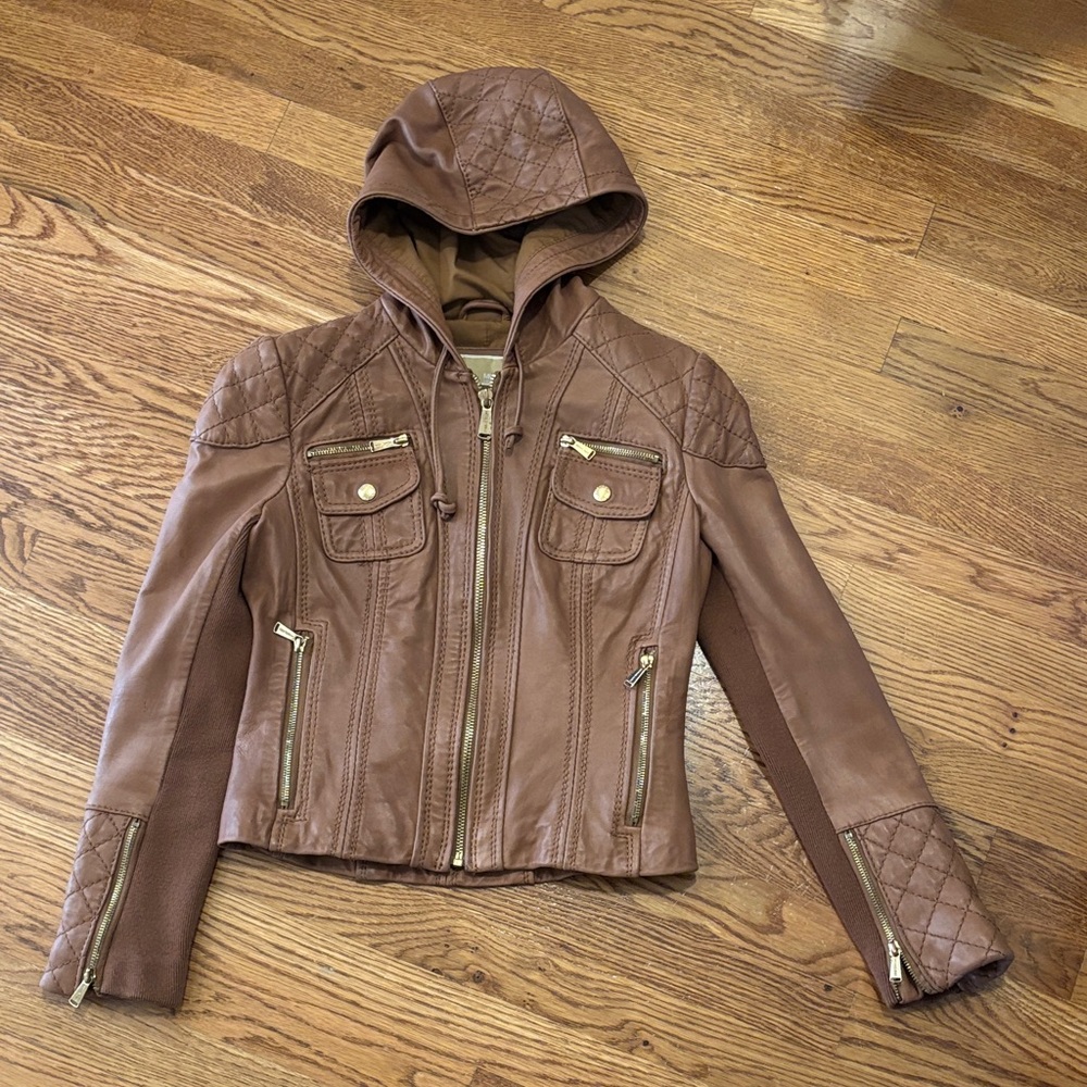 Michael Kors Tan Leather Hooded Jacket